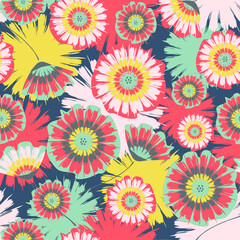 Fototapeta na wymiar Seamless vector pattern with Tie dye summer flowers on blue background. Beautiful floral pastel wallpaper design . Artistic plant fashion textile.