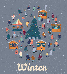Christmas market and holiday fair outdoor flat vector. Celebrating winter holidays at town square. Christmas atmosphere, traditional holiday shopping.