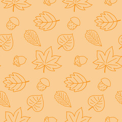 Seamless pattern with different leaves, acorns and mushrooms. Autumn style. Beige and orange colors. Perfect for wallpaper, gift paper, pattern fills, web page background, autumn greeting cards