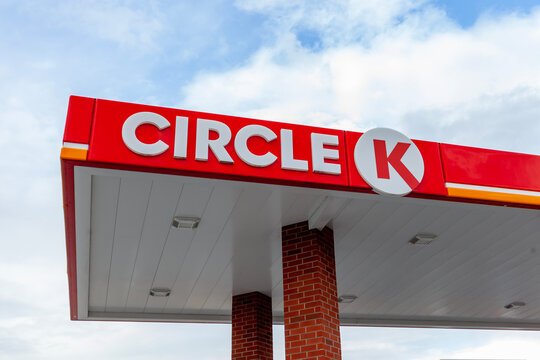 Thorold, On, Canada - October 1, 2020: A close up sign of Circle K Gas station is seen in Thorold, Ontario, Canada on October 1, 2020. 