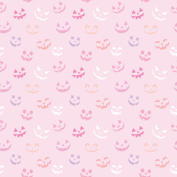 Pink Halloween repeat pattern vector design with pumpkin faces.