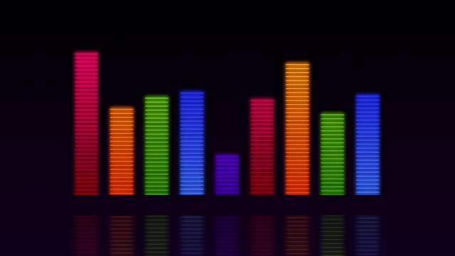 Audio waveform equalizer on black background loop animation. Music or sound levels. abstract motion live wallpaper. gradient spectrum bar graph. Shiny Glowing And Pulsing seamless stock 4k footage. 
