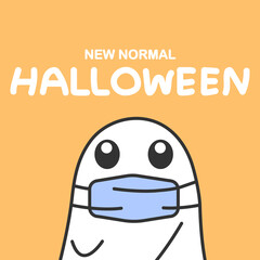 Halloween vector illustration suitable for cards banners and symbols, With a cute ghost cartoon character wearing a mask on an orange background, New normal halloween.