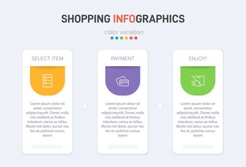 Concept of shopping process with 3 successive steps. Three colorful graphic elements. Timeline design for brochure, presentation, web site. Infographic design layout.