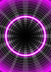 White circle line neon pink glow. Gradient light rays. Shadow a black hole in the middle. Linear template for business card, brochure, flyer, poster, banner, web design. Vector illustration.