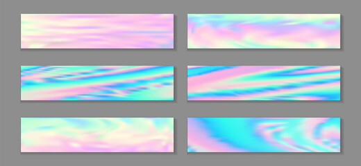 Holography trendy flyer horizontal fluid gradient mermaid backgrounds vector collection. Girlish 