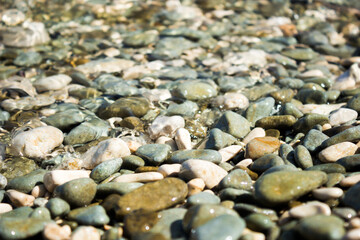 The pebbles of the stone beach in Feodosia, the Black Sea coast, Eastern Crimea.