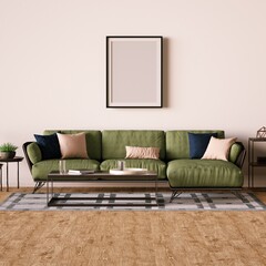 Modern Interior Frame Mockup with Designer Sofa, Side Table, Indoor Plants and Wooden Floor.