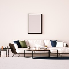 Modern Interior Frame Mockup with Designer Sofa, Side Table and White Planks Floor.