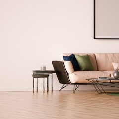 Modern Interior Frame Mockup with Designer Sofa, Side Table and Parquet Floor.