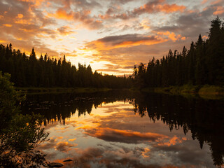 Beautiful view of trees and clouds reflecting in a lake, in Canada