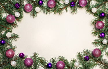 Fototapeta na wymiar Christmas composition. gifts, fir branches and ornaments balls on a white surface, top view. new year's concept. space for text
