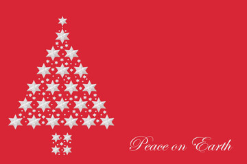 Fototapeta na wymiar Peace on Earth concept with Christmas silver star tree abstract on red background. Minimalist composition for the festive season.