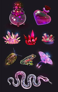 A Set Of Isolated Vector Objects. Ingredients For A Love Potion. Magic, Fantasy, School Of Witchcraft, Magic Academy. Mobile Game, Board Card Game.
