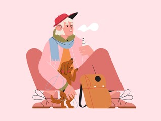 Cute trendy young woman walking a puppy and smoking electronic cigarette. Female character sitting with knapsack and vaping e-cigarette. Smoke-free cigarette concept. Bad Habit, Hipster Lifestyle.