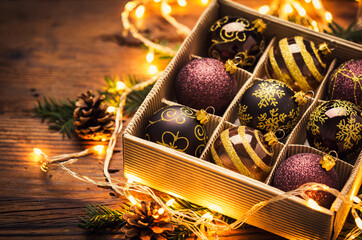 Christmas decoration, Christmas balls in the box on the wooden background