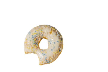 Close up view of bitten chocolate donut on white background isolated. Food and health concept.