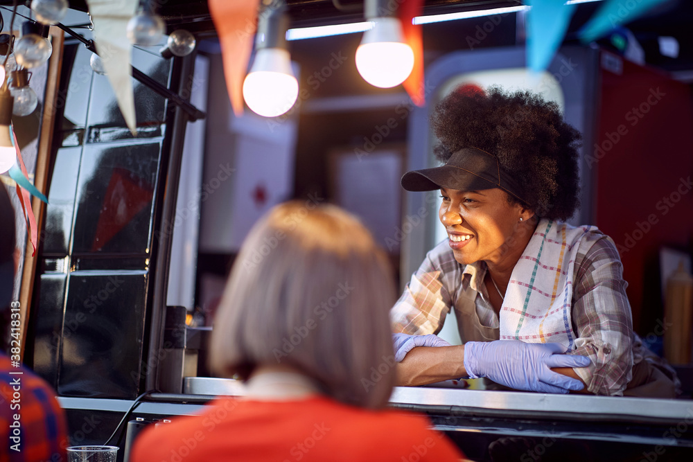 Wall mural food truck employee taking orders from customers