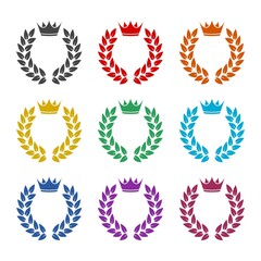 Laurel honor wreath with crown icon, color set