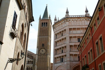 Parma, Italy: the bell tower, baptistery and houses