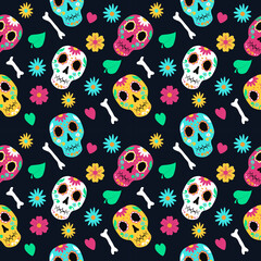 seamless pattern with colored skulls and flowers on the theme of the Mexican holiday santa muerto