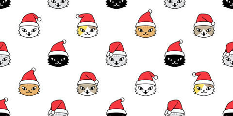 cat seamless pattern Christmas Santa Claus hat kitten vector head cartoon scarf isolated repeat wallpaper tile background illustration doodle design