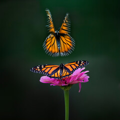 Two Monarch butterflies on zinnia flower with dark background