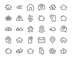 Simple set of line vector home icons. Contains house symbols at interest, infuse house and more. Editable stroke. 480x480 pixels perfect