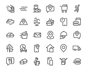 Fototapeta premium PIZZA DELIVERY, and Food Icon Set Vector thin line, contains courier, home delivery, food ordering, fast transport, drone, ship, car, editable stroke. ICONS circuits
