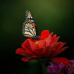 Monarch butterfly on red zinnia flower