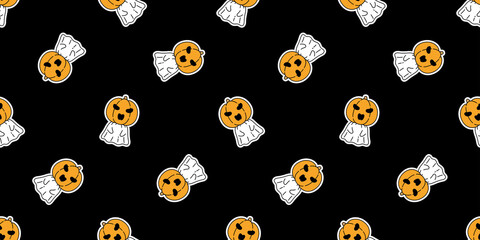 Ghost seamless pattern Halloween spooky pumpkin cartoon vector gift wrap paper repeat wallpaper scarf isolated tile background devil evil doodle illustration black design