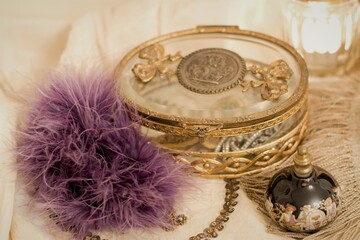 The Antique Perfume And Jewel Boxes In Detail 
In The Vintage Mood And Style