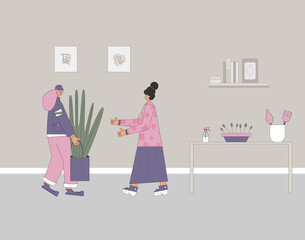 Plant lover. Man with indor flower pot. Vector