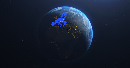 Obraz na płótnie Canvas Planet Earth from Space European Union Map EU Flag, 2020 political borders and counties, city lights, 3d illustration, elements of this image courtesy of NASA