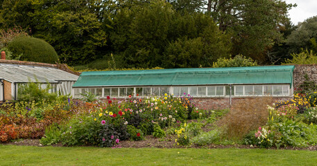 Fototapeta na wymiar Classic brick built greenhouse in a garden.
