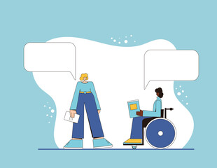 Two young woman with books in their hands speaking about reading club. Female characters telling about literature. Person in wheelchair meeting with her friend. Vector illustration.