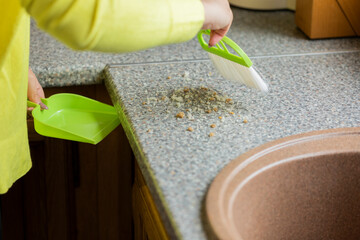 Close up person cleaning house, sweeps crumbs off table with brush and dustpan set for cleaning kitchen worktop. Housework, household chores, housewife, kitchen cleaning products concept