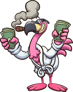 Cool rich cartoon flamingo wearing a bathrobe and smoking a cigar. Vector clip art illustration with simple gradients. All on a single layer. 
