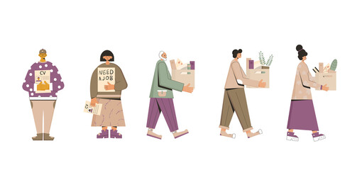 Job search. Dismissed people standing with banners and paper staff box. Fired characters isolated on white background. Vector illustration.