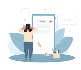 Unemployment. Dismissed worker try to find a work online. Fired man standing near huge laptop, he is confused and disappointed. Vector illustration.