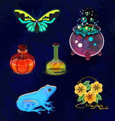 vector set. isolated objects for a desktop or mobile game. fantasy elements in a casual style. frog, bottles, cauldron of boiling potion, blue frog, glowing butterfly, magic flowers. 