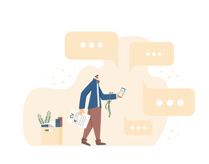 Job seach. Unemployment. Dismissed worker try to find a work online. Fired man walking and looking  for a job with his phone,  Vector illustration.