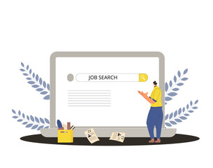 Job search. Dismissed worker try to find a work online. Fired man standing near huge laptop, he is confused and disapointed. Vector illustration.