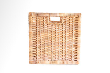 Brown cubic woven storage basket isolated on white front view