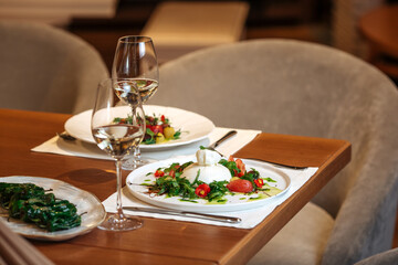 Restaurant table served with spanish salads