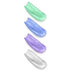 Colorful Cosmetic scrub, smears set isolated on white background. Beauty cosmetics peeling product for face care with cream or gel brush strokes Tube package design Realistic 3d vector illustration