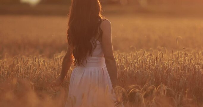 Attractive caucasian female with long dark wavy hair in a long white dress runs across the field and rejoices