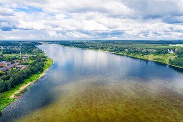 Aerial view of the Volga river in the city of Tutaev on a summer day