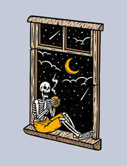 Skull sitting in front of the window drinking coffee illustration