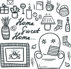 Monochrome illustration with cute things and objects for home interior. Doodle style handdrawn elements isolated on white. Cozy and comfortable lifestyle. Autumn or winter mood, hugge.